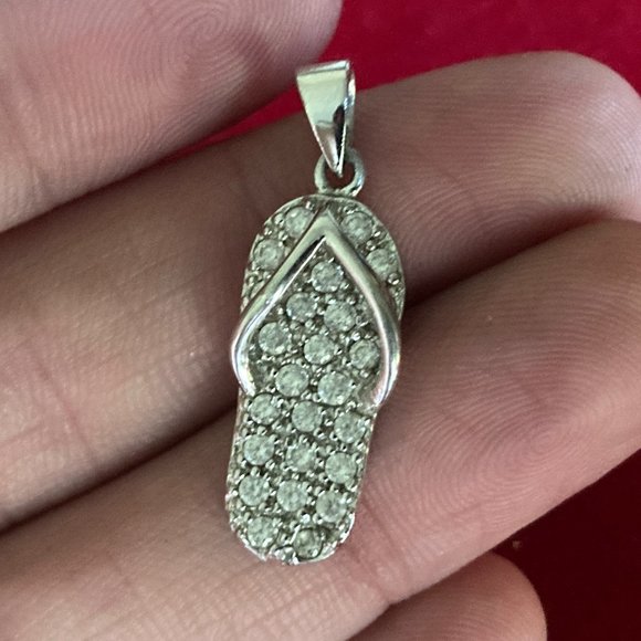 Pendant Charm Flip Flop Thong Sandal Sterling Silver 925 Austrian Crystals - Picture 2 of 12